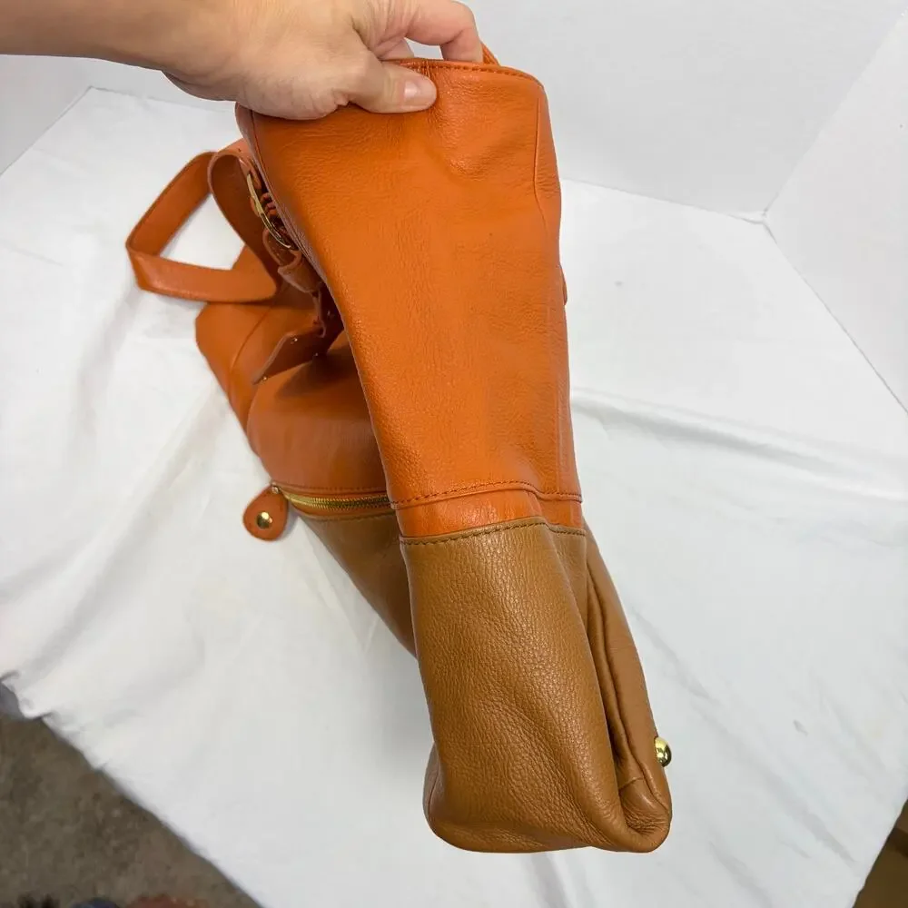 Emma Fox orange brown soft leather tote handbag. floral lining. satchel, purse